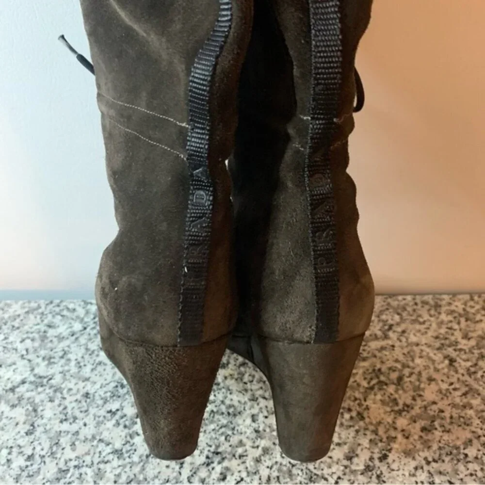 Prada Brown Suede Leather Shearling Knee High Wedge Boots 7